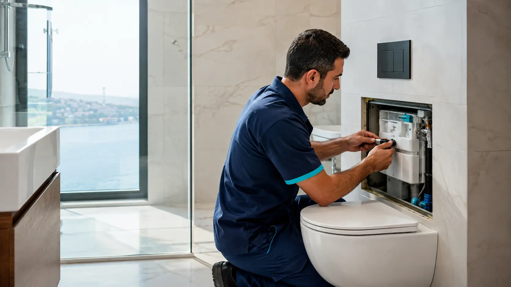 Gömme rezervuar sistemini panel açıklığından kontrol eden servis uzmanı